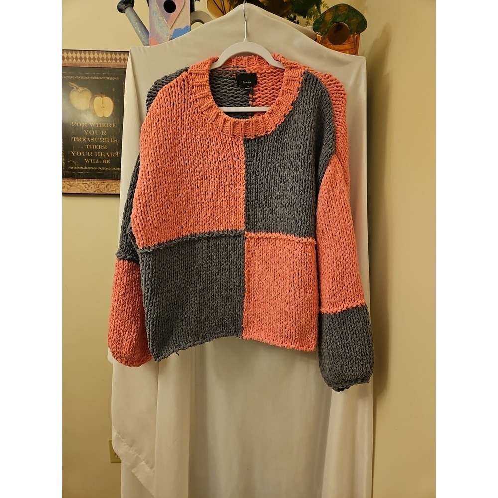 Lumiere Women's Sweater Oversized Medium Crewneck Colorful Pink And Gray Block